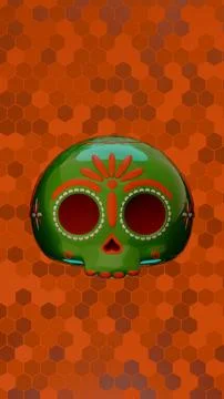 Front view of single green sugar skull with orange background for Day of th.. Stock Illustration