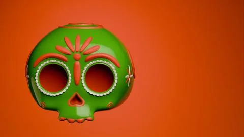 Front view of single green sugar skull with orange background for Day of th.. Stock Illustration