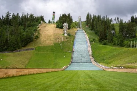 Front view of ski jump stadium in Strbske Pleso, Slovakia Stock Photos