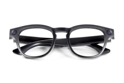 Front view of sleek black smart glasses with transparent lenses and integra.. Stock Photos