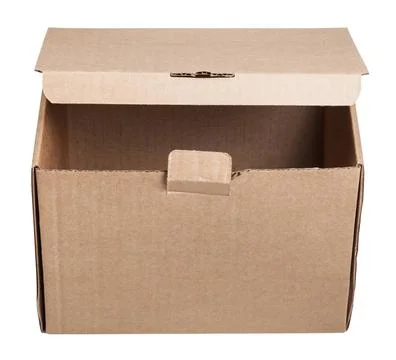 Front view of slightly open cardboard box isolated front view of slightly ... Stock Photos