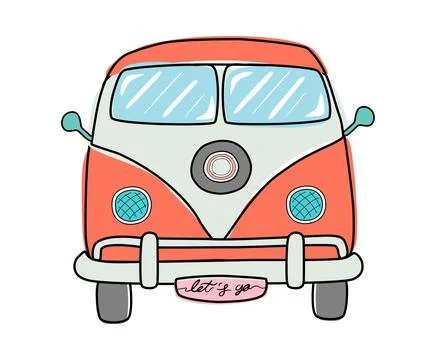 Front view of a small hippie orange bus vehicle automobile illustration. Stock Illustration