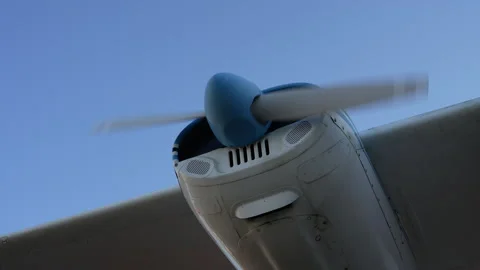 Front View Small Propeller Plane Nose Clear Blue Sky Stock Footage 327629391
