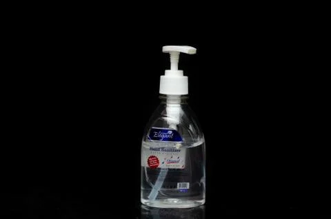 Front view of a small pump bottle of the Elegant Antiseptic from the UAE isol Stock Photos