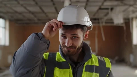 Front view of a smiling building architect. The man smiles at the camera and Stock Footage 237031781