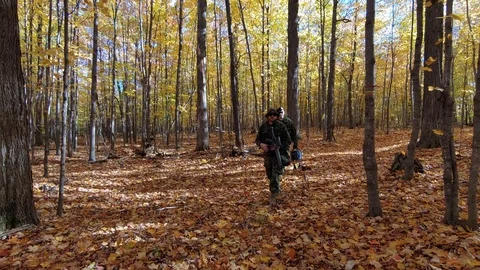 Front view of soldiers walking towards cameraman on dead leaves in fall Video stock 126936890