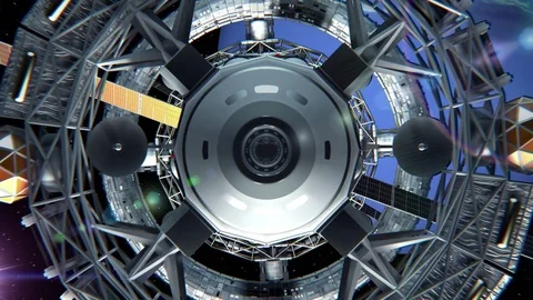 Front view of Spaceship on background of Neptune Stockbeeldmateriaal 84937091