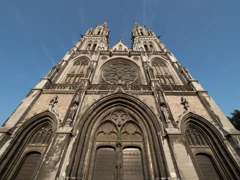 Front view of St. Peter and St Paul church in the Belgian city of Ostend. 스톡 사진