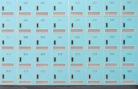 A front on view of a stack of Spring green metal school lockers with combin.. Stock Photos