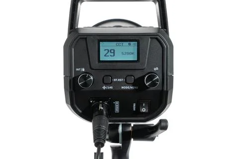 Front view of a studio light control panel with LCD showing 29 and 5200K. Fotos de archivo