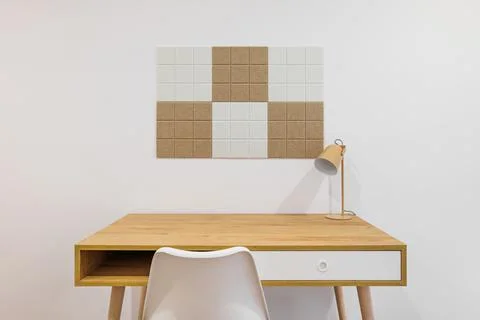 Front view of stylish room interior with modern comfortable workplace. Wooden Stock Photos