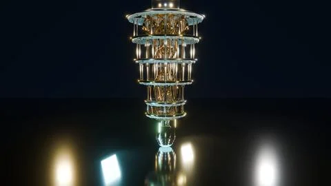 Front View of Suspended Golden Quantum Computer Tower, 4K Photo Stock Photos