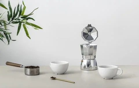Front view table with coffee cup kettle Stock Photos