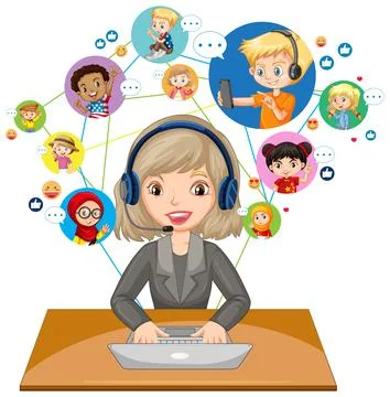 Front view of teacher using laptop for communicate video conference with stud イラスト素材