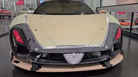 Front View of Test Model in Museum of Alfa Romeo. Threads Attached to it for Stock Footage 324444961