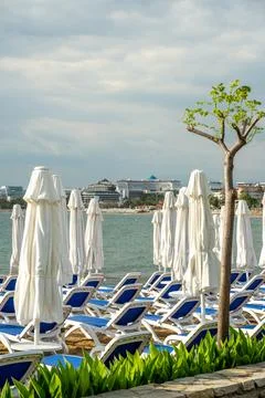 Front view of the touristic beach of Side town, Manavgat district of Antalya Stock Photos