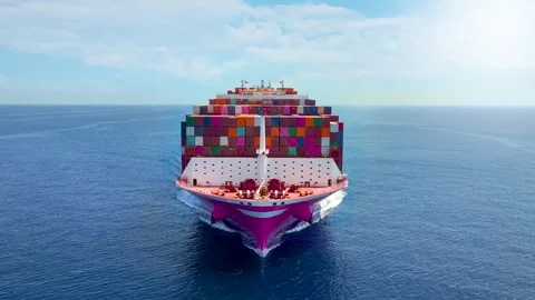 Front view tracking of a heavy loaded super container cargo ship Stock Footage 294559183