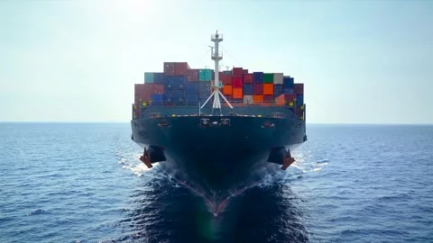Front view tracking of a large container cargo vessel Video stock 294978485