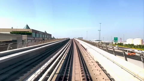 Front View of Train Moving Through City Rails. Stock Footage 280219381