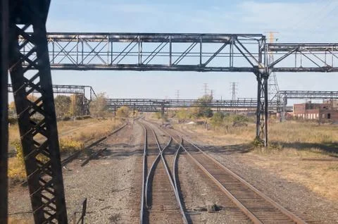 Front view of a train yard from a train car Stock Photos