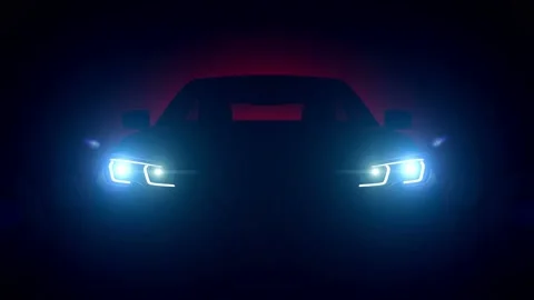 Front view of turning on the headlights in the car at night Stock Footage 199482703