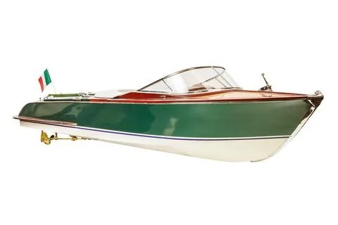 Front view of a two tone vintage Italian speedboat isolated on white Photos