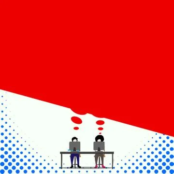 Front view two young men sitting behind desk each one with personal computer イラスト素材