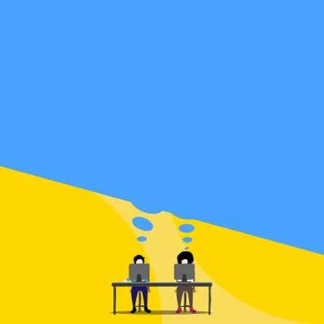 Front view two young men sitting behind desk each one with personal computer イラスト素材