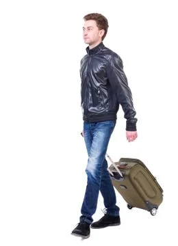 Front  view of walking  man  with suitcase 스톡 사진
