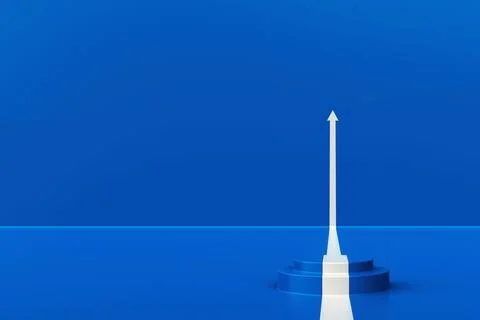 Front view of white arrow climbing up over a podium on blue background. Stock Illustration