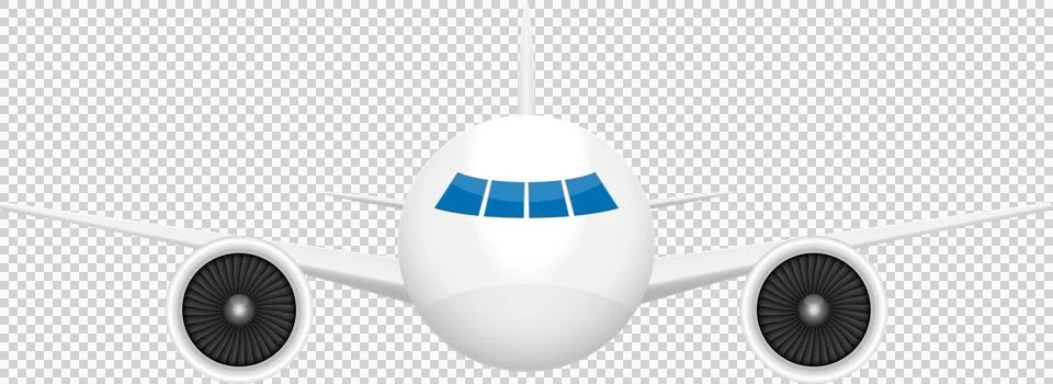 Front view of a white plane with blue windows and two black engines on a bl.. Stock Illustration