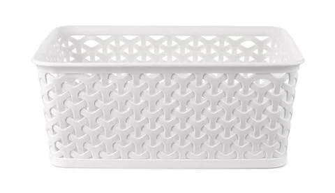 Front view of white plastic storage basket Front view of white rectangular... Stock Photos