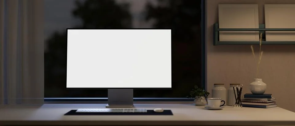 Front view of a white-screen computer mockup on a table in a modern home of.. Stock Illustration