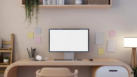 Front view of a white-screen desktop PC computer mockup on a modern wooden .. 스톡 일러스트