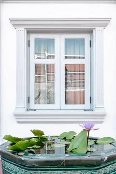 Front View of Window Vintage Styles With Exterior Decoration, Double Transpar Stock Photos