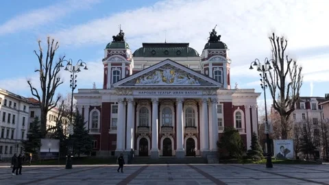 Front View Winter Video of Ivan Vazov National Theatre Central Facade, 2025 Stock Footage 325380456