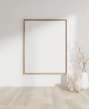 A front view of a wooden frame mockup mounted on a white wall with sunlight.. Stockillustratie