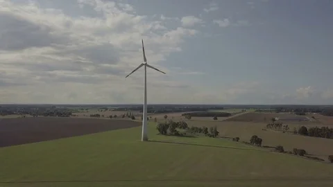 Front view on working Windmill turbine. Energy production - Aerial Stock Footage 83822367