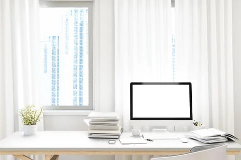 Front view of workpark with blank white computer screen, coffee cup, and book in Stock Illustration