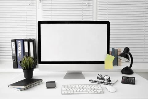 Front view workspace with lamp computer screen 스톡 사진