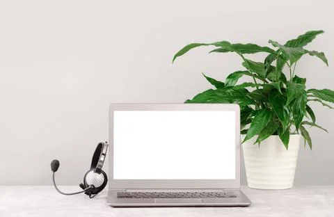 Front view of a workspace modern computer . Blank mockup screen Stock Photos