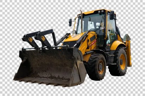 Front view of a yellow backhoe loader isolated on a transparent background 스톡 사진