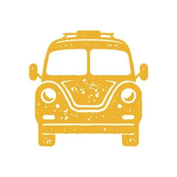 Front view yellow retro camper car bus for road trip adventure summer travel  Stock Illustration