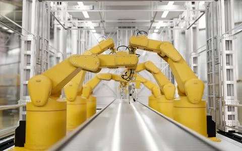 Front view, Yellow robot arms in a production line over a conveyor belt in .. Ilustração Stock