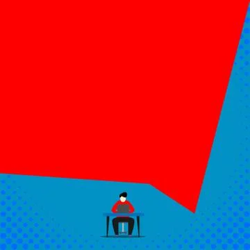 Front view young man sitting chair desk working open laptop geometric background Illustrazione stock