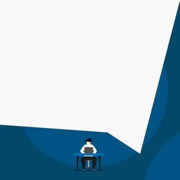 Front view young man sitting chair desk working open laptop geometric background Illustrazione stock