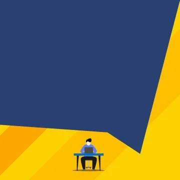 Front view young man sitting chair desk working open laptop geometric background Illustrazione stock
