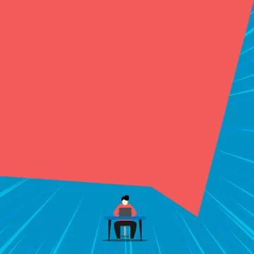 Front view young man sitting chair desk working open laptop geometric background Illustrazione stock