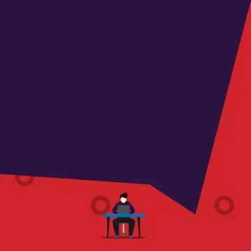 Front view young man sitting chair desk working open laptop geometric background Illustrazione stock