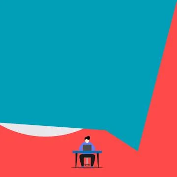 Front view young man sitting chair desk working open laptop geometric background Illustrazione stock